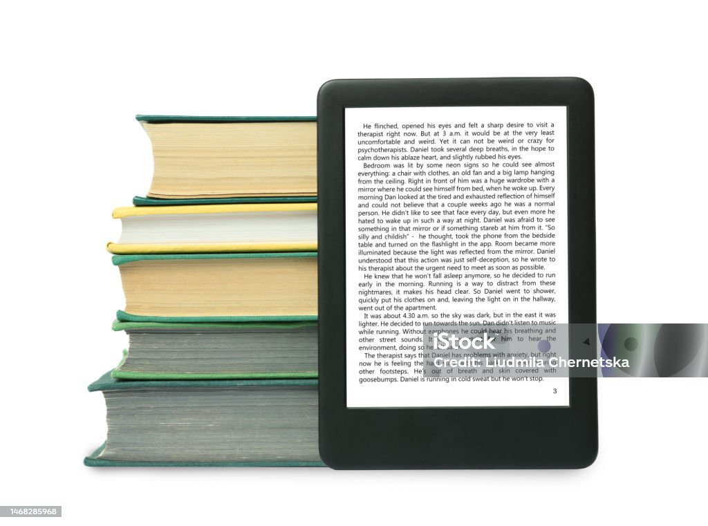 Portable e-book and stack of hardcover books on white background